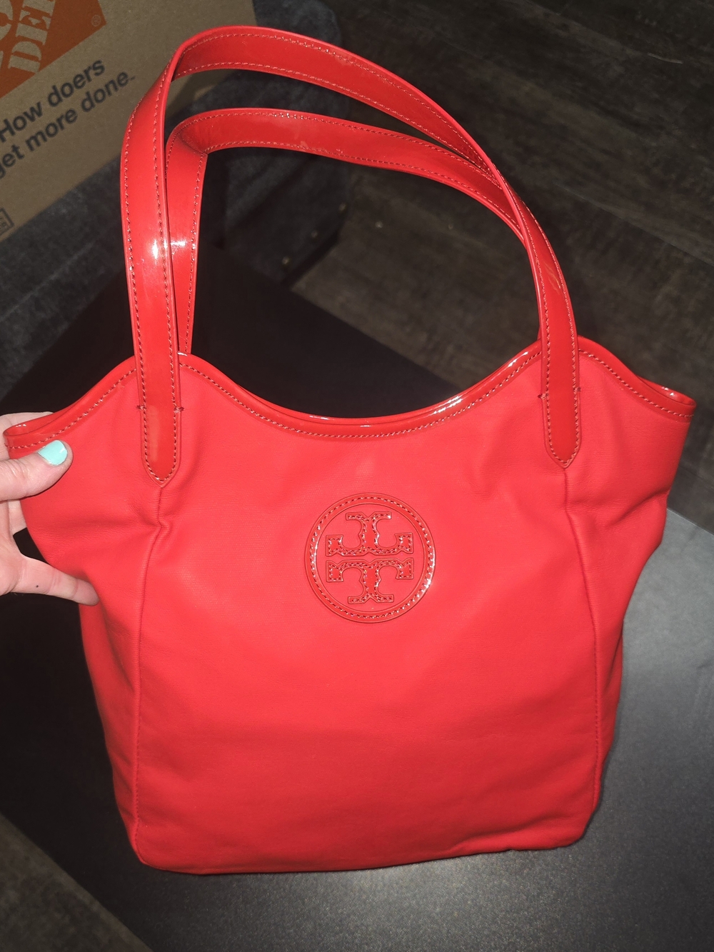 Perfect Like New Condition Tory Burch Red Dipped Canvas Stacked Logo Tote